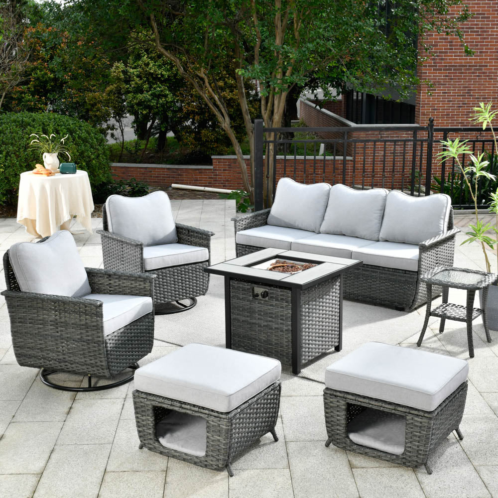 Ovios Patio Pet Conversation Set Grey Wicker 7 Pieces with 30'' Fire Pit and Swivel Rocking Chairs