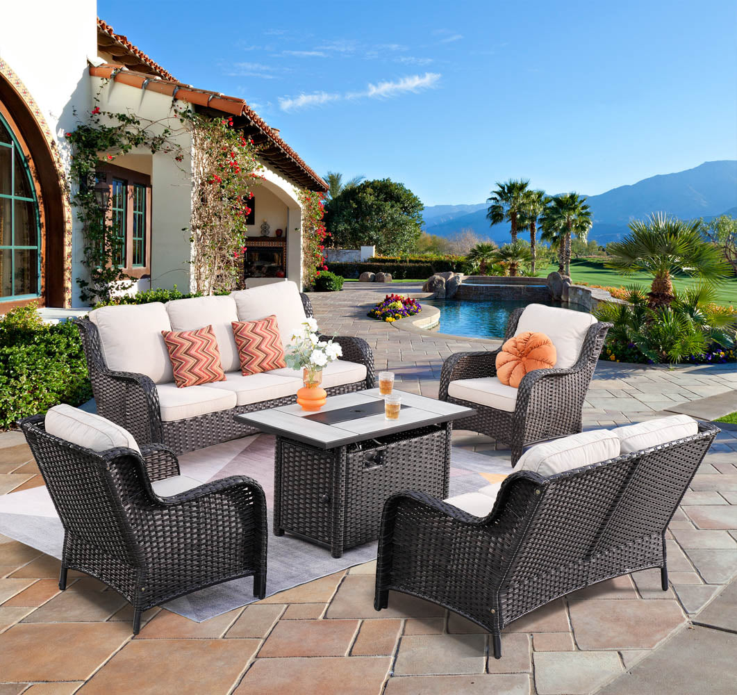 Ovios Patio Kenard 5-Piece Conversation Set with 42'' Fire Pit Table and Loveseat