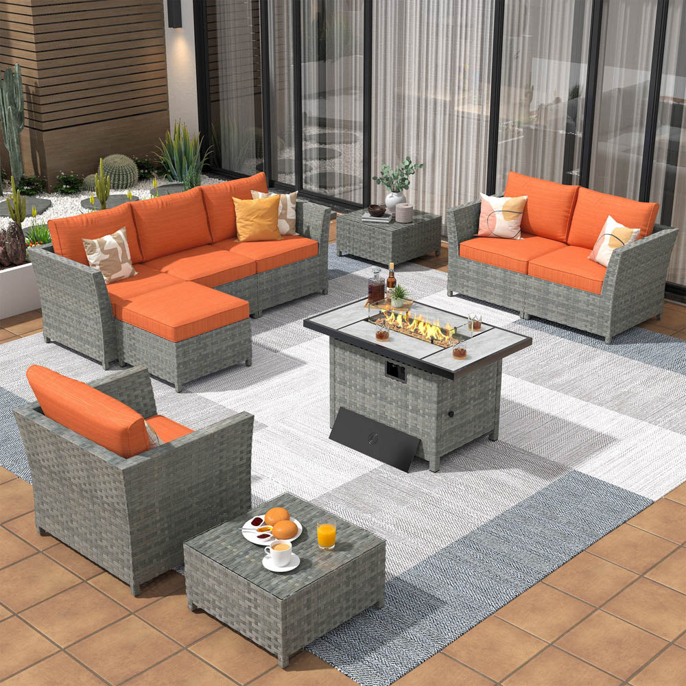 Ovios New Rimaru Series Patio Furniture Set 10-Piece include 42"Rectangle Fire Pit Table Partially Assembled