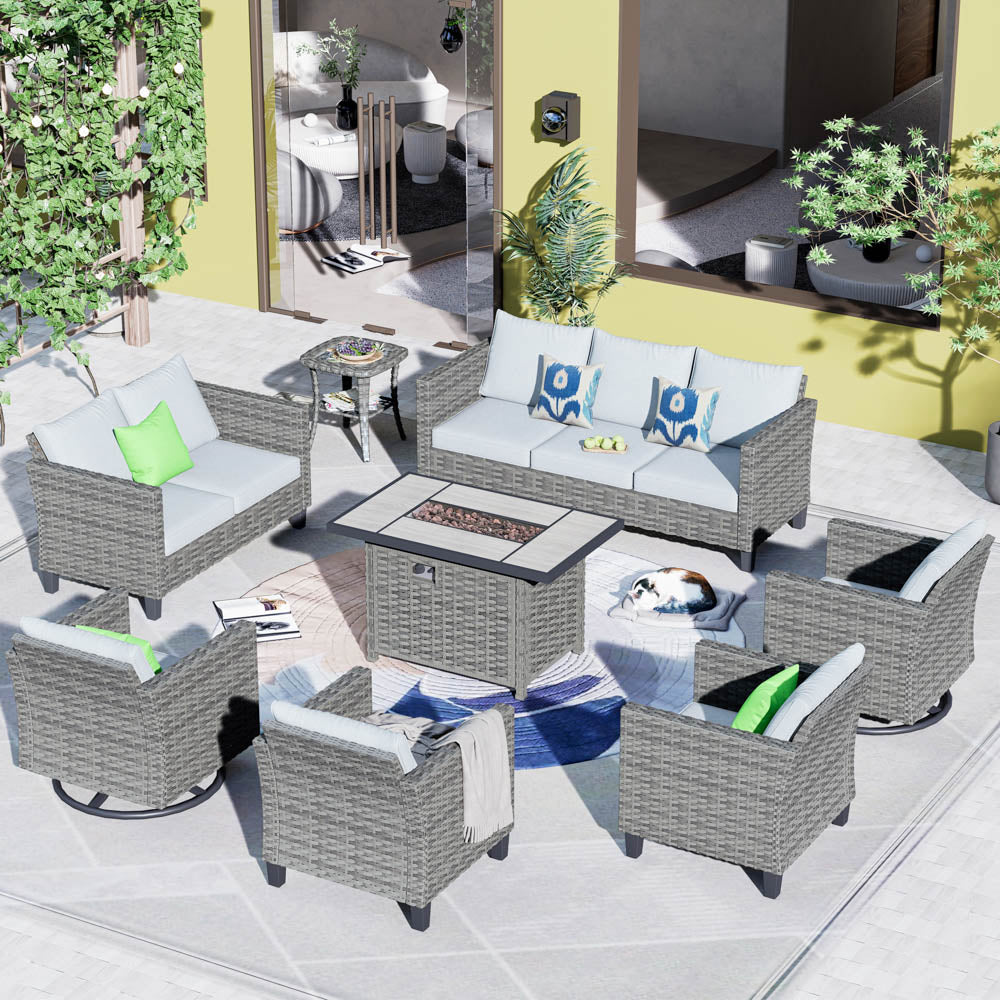 Ovios Patio Vultros 8-Piece Set With Swivel Chair and Rectangle 42'' Propane Fire Pit Table