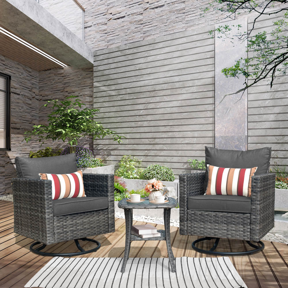 Ovios Patio Furniture 3-Piece Set with Swivel Chairs and Table Square Shape Armrest