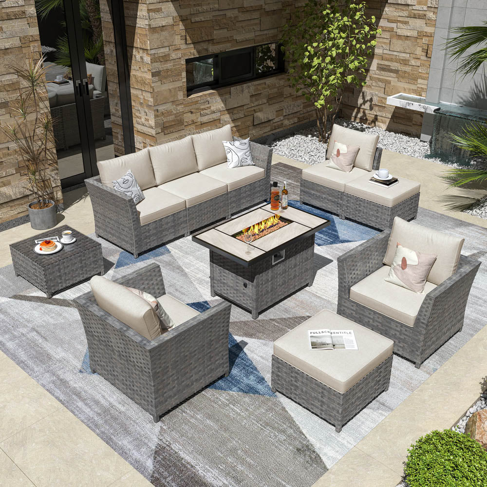 Ovios New Rimaru Series Patio Furniture Set 10-Piece include 42"Rectangle Fire Pit Table Partially Assembled