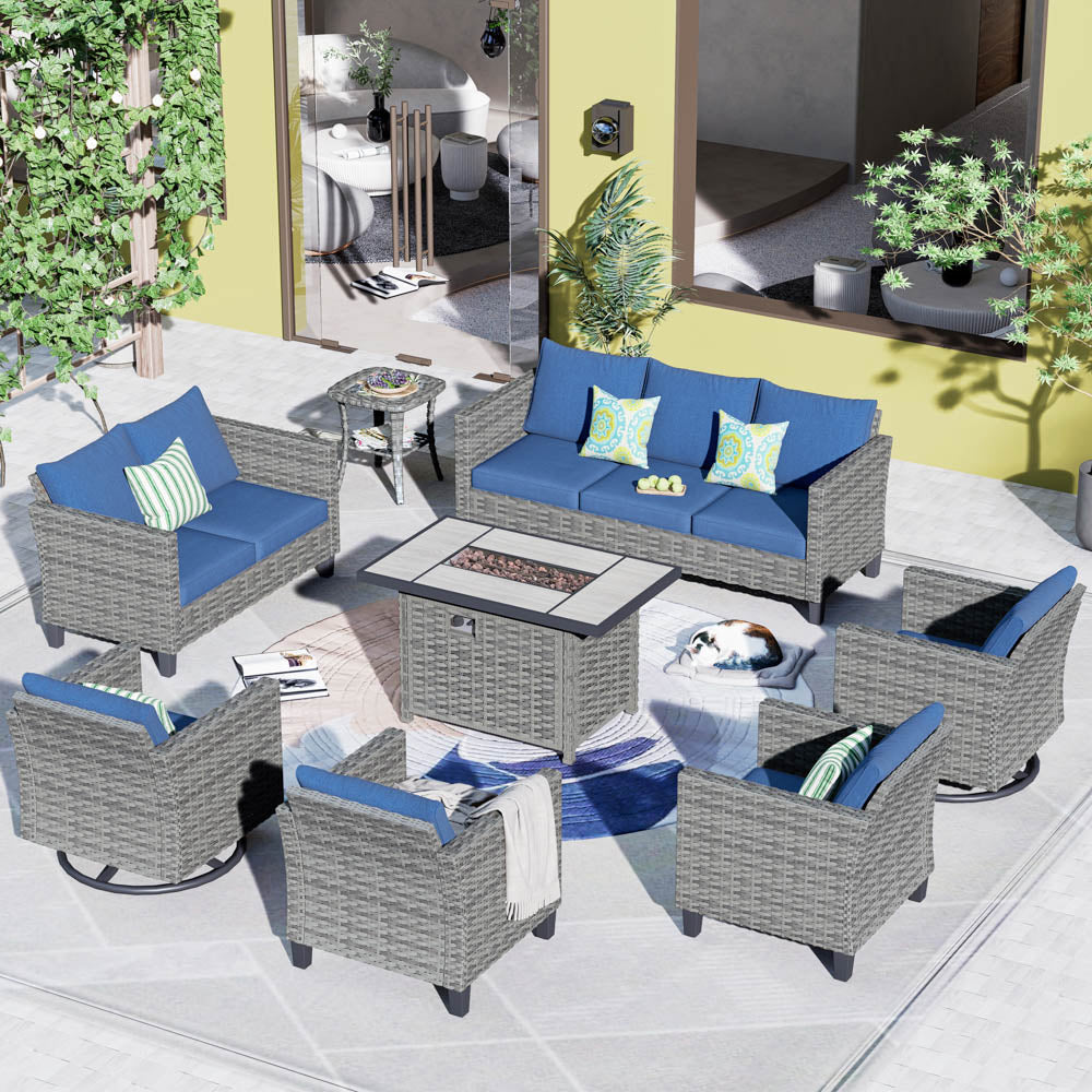 Ovios Patio Vultros 8-Piece Set With Swivel Chair and Rectangle 42'' Propane Fire Pit Table