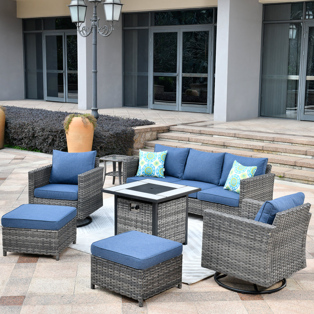 7-Pc Set | Outdoor Sofa, Rockers & Fire Pit