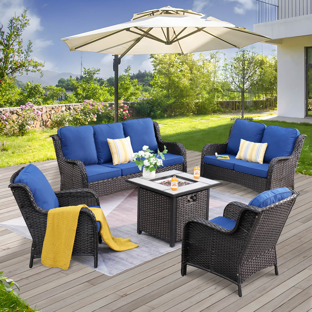 Ovios Patio Kenard 5-Piece Conversation Set with 30'' Fire Pit Table and Loveseat