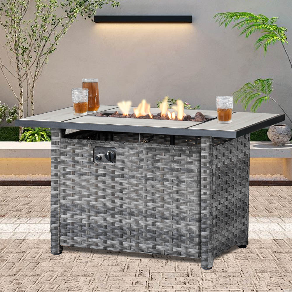 Ovios 42'' Rectangle Propane Fire Pit Table Grey Wicker for Broad Armrests Series