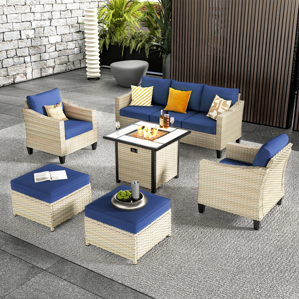 Ovios Athena Series Outdoor Patio Furniture Set with 30'' Fire Pit Table 6-Piece