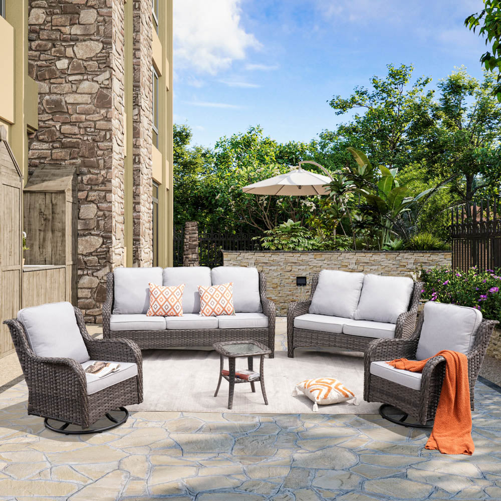 Ovios Patio Kenard 5-Piece Conversation Set with Loveseat and Swivel Rocking Chairs