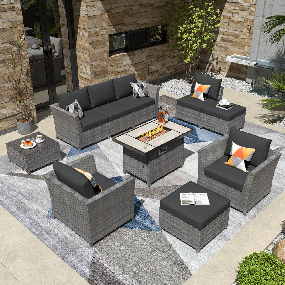 Ovios New Rimaru Series Patio Furniture Set 10-Piece include 42"Rectangle Fire Pit Table Partially Assembled