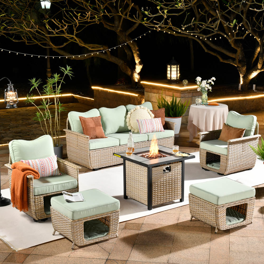 Ovios Patio Conversation Set 6 Pieces Beige Wicker with 30'' Fire Pit and Multifunctional Storage
