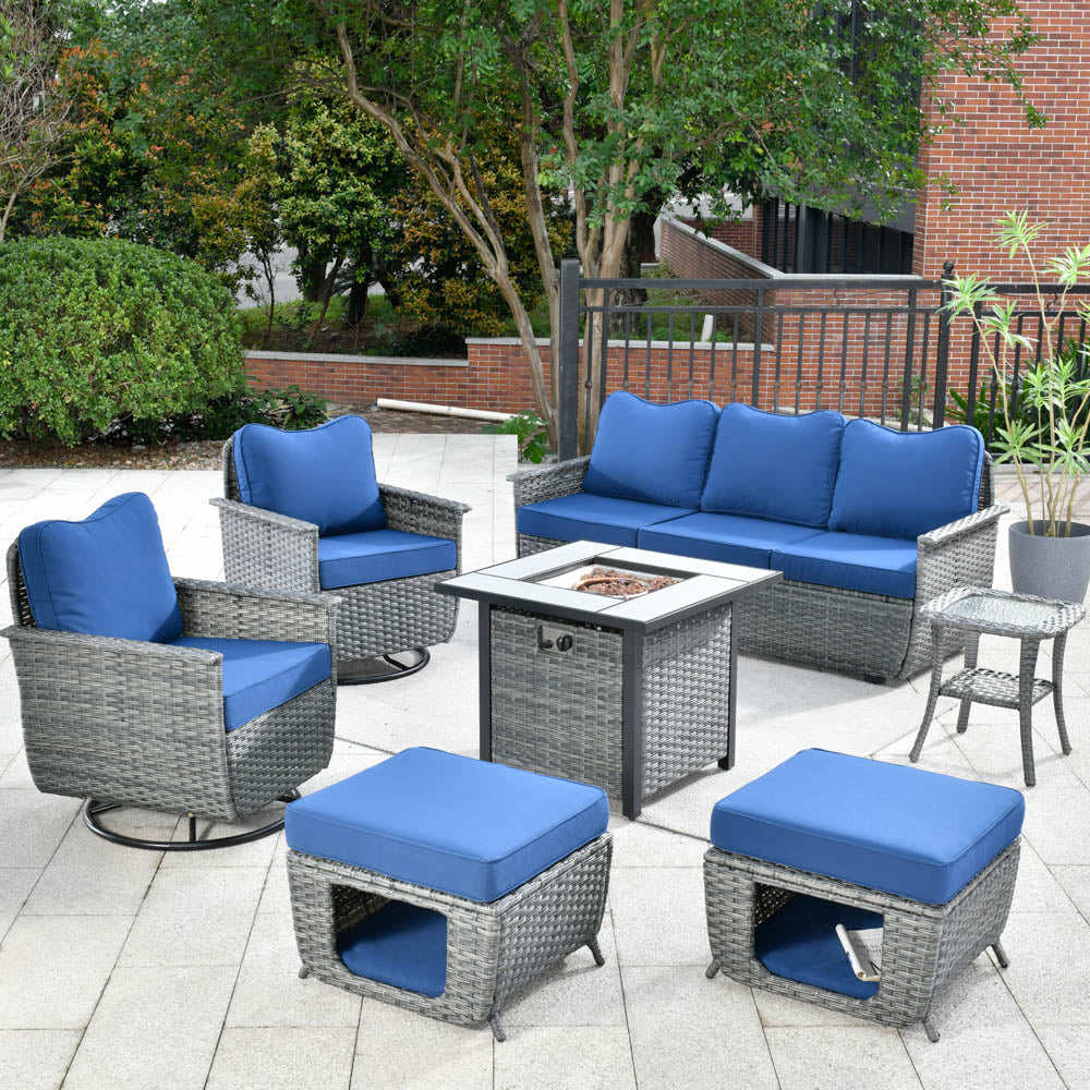 Ovios Patio Pet Conversation Set Grey Wicker 7 Pieces with 30'' Fire Pit and Swivel Rocking Chairs