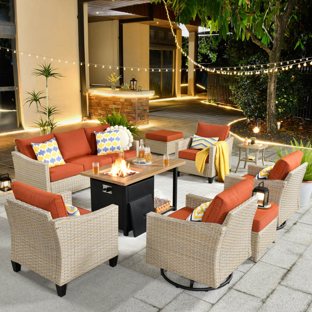 Ovios Athena Series Outdoor Patio Furniture Set 9-Piece with Swivel Chair & 46'' Double Layer Rectangle Fire Pit Table