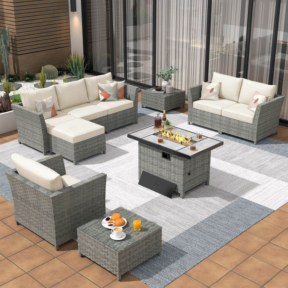 Ovios New Rimaru Series Patio Furniture Set 10-Piece include 42"Rectangle Fire Pit Table Partially Assembled