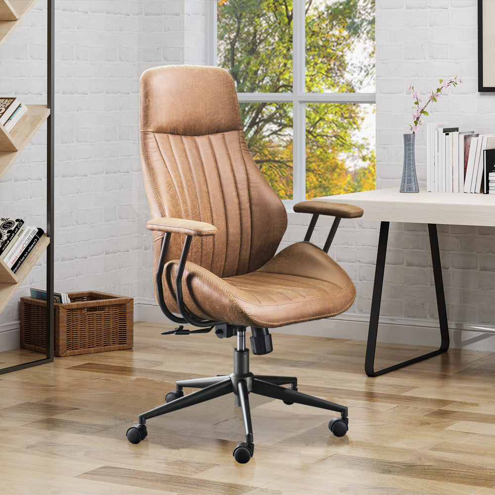 Ovios Krellack Light Brown Contemporary Ergonomic Adjustable Height Swivel  Faux Leather Desk Chair in the Office Chairs department at