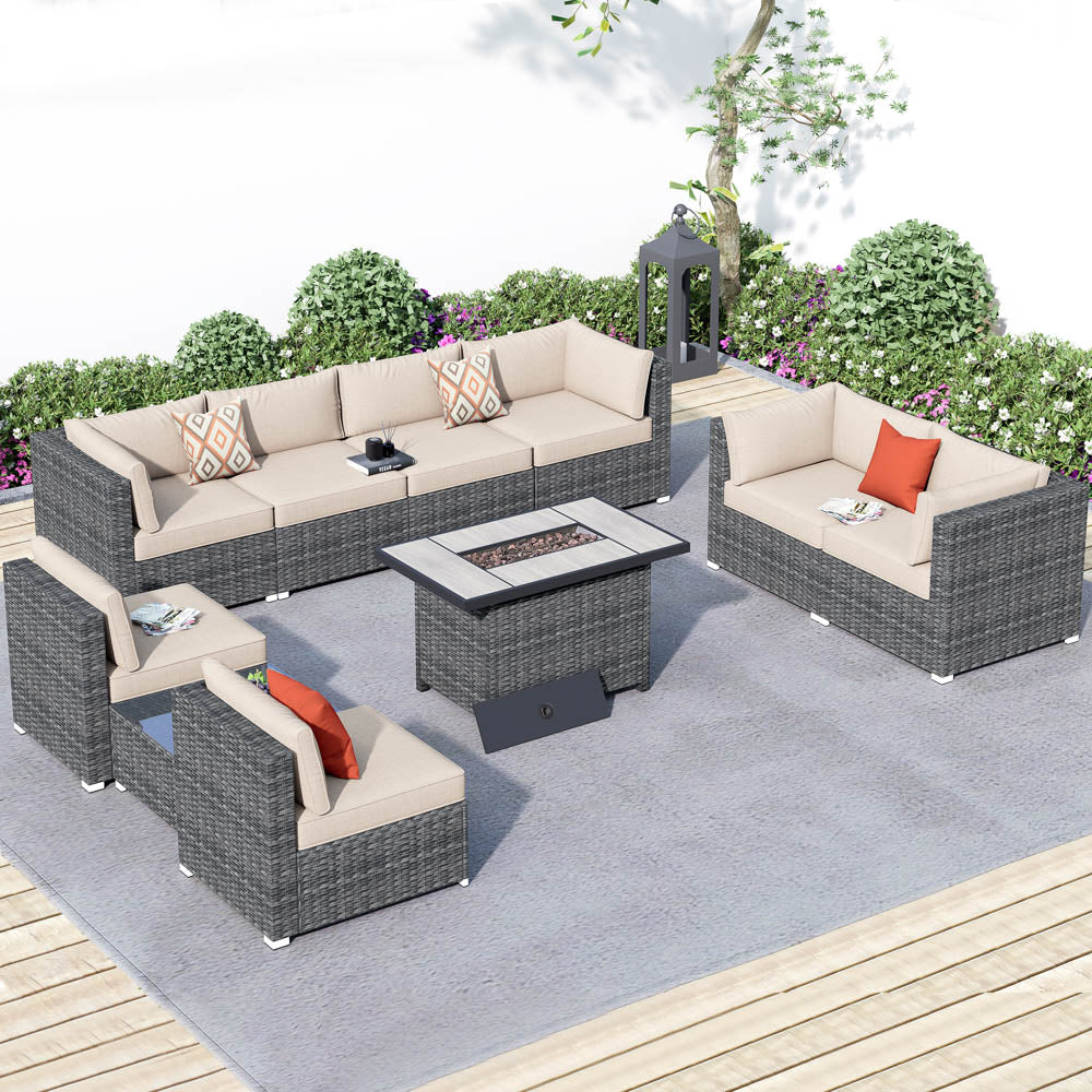 Ovios Patio Furniture Set 10-Piece with All Weather Rattan Wicker Sofa and 42.12'' Fire Pit