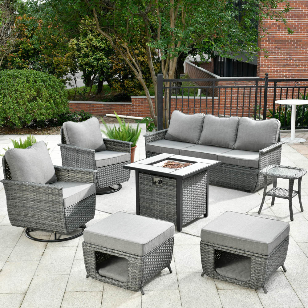 Ovios Patio Pet Conversation Set Grey Wicker 7 Pieces with 30'' Fire Pit and Swivel Rocking Chairs