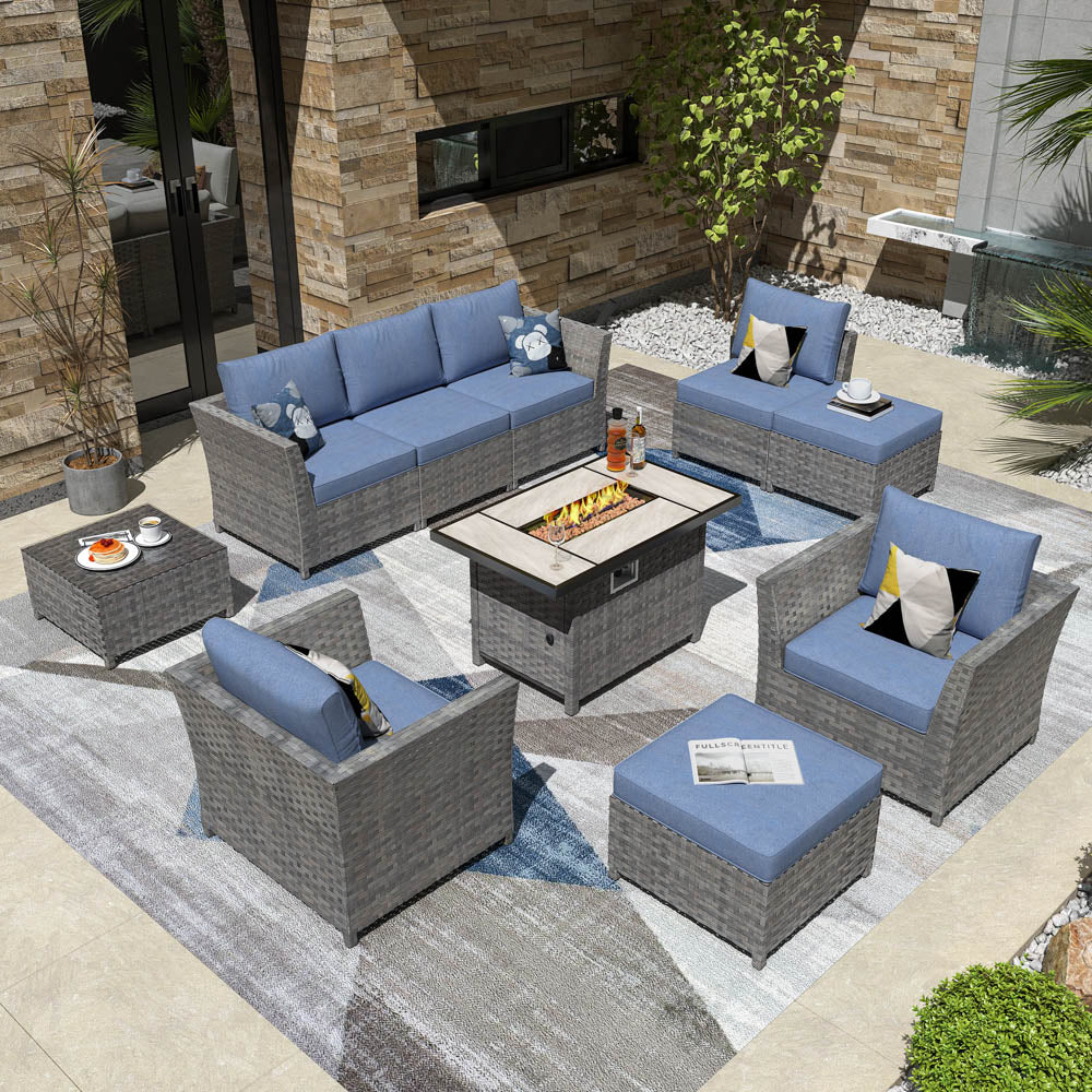 Ovios New Rimaru Series Patio Furniture Set 10-Piece include 42"Rectangle Fire Pit Table Partially Assembled