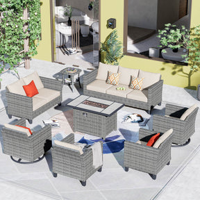 Ovios Patio Vultros 8-Piece Set With Swivel Chair and Rectangle 42'' Propane Fire Pit Table