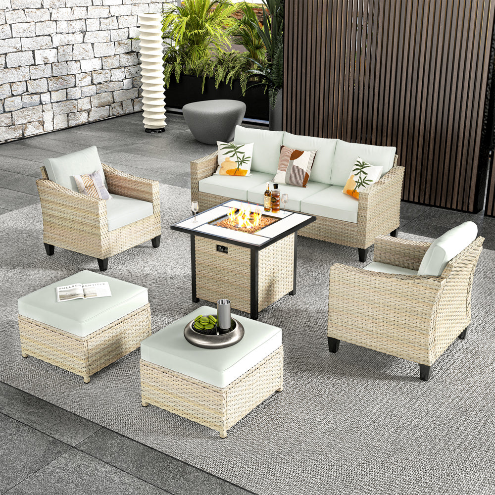 Ovios Athena Series Outdoor Patio Furniture Set with 30'' Fire Pit Table 6-Piece