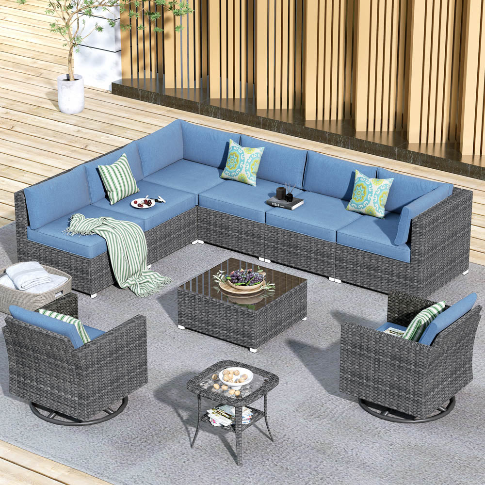 Ovios Patio Furniture 10-Piece Outdoor Sectional Sofa Set with Wicker Rocking Swivel Chairs and Tempered Glass Table