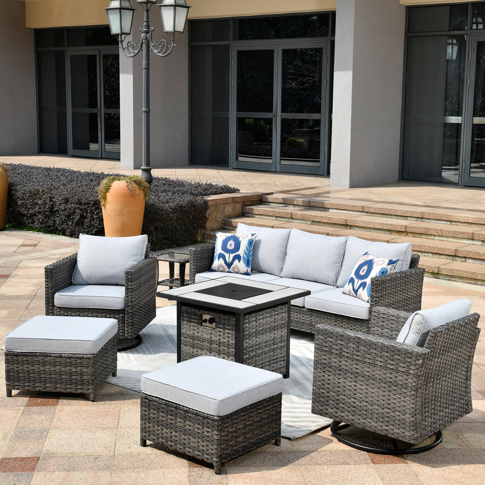 Ovios Patio Vultros 7-Piece Set with 2 Rocking chairs and 30'' Propane Fire Pit Table