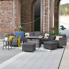 Ovios Patio Vultros 7-Piece Set With Swivel Chair and Rectangle 42'' Propane Fire Pit Table