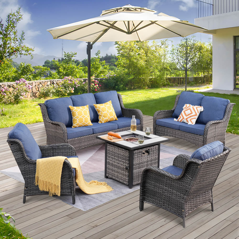 Ovios Patio Kenard 5-Piece Conversation Set with 30'' Fire Pit Table and Loveseat