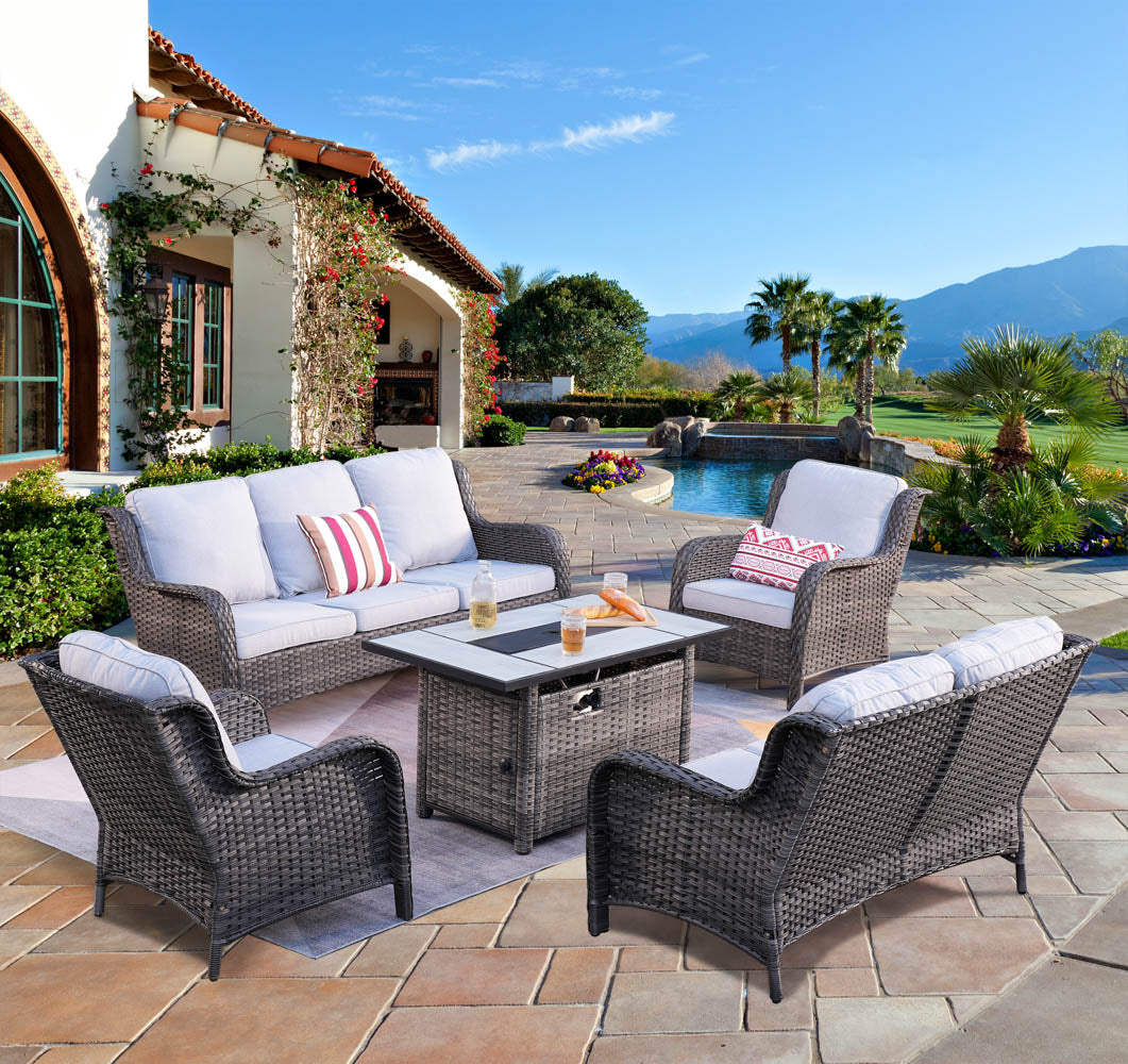 Ovios Patio Kenard 5-Piece Conversation Set with 42'' Fire Pit Table and Loveseat