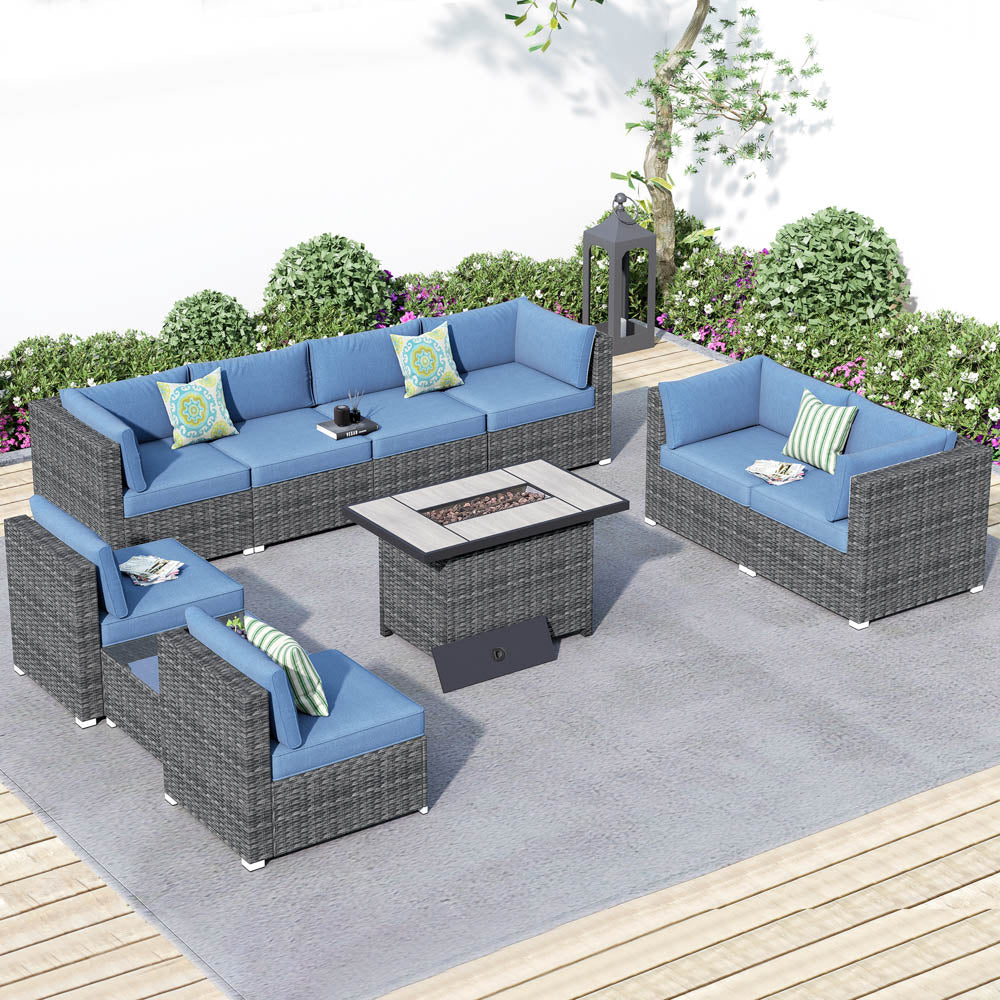 Ovios Patio Furniture Set 10-Piece with All Weather Rattan Wicker Sofa and 42.12'' Fire Pit