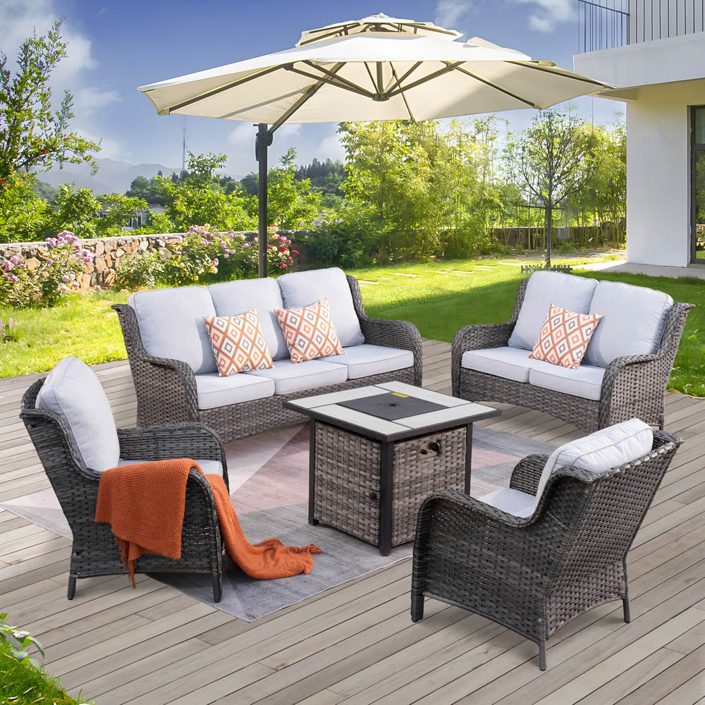 Ovios Patio Kenard 5-Piece Conversation Set with 30'' Fire Pit Table and Loveseat