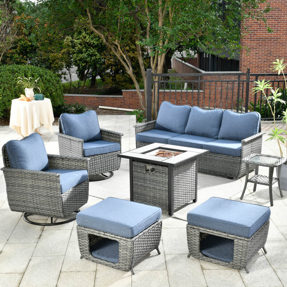 Ovios Patio Pet Conversation Set Grey Wicker 7 Pieces with 30'' Fire Pit and Swivel Rocking Chairs