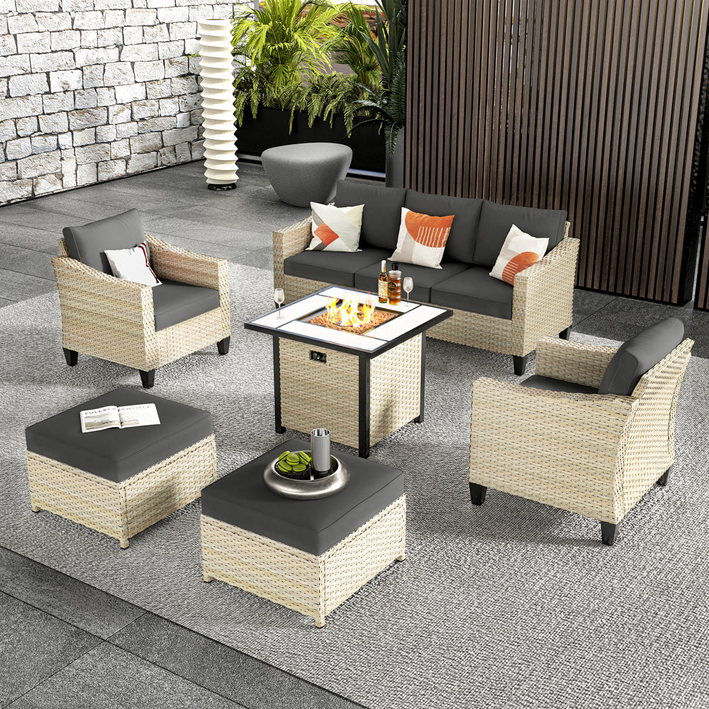 Ovios Athena Series Outdoor Patio Furniture Set with 30'' Fire Pit Table 6-Piece