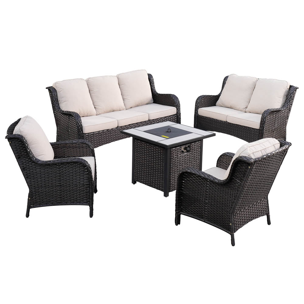 Ovios Patio Kenard 5-Piece Conversation Set with 30'' Fire Pit Table and Loveseat