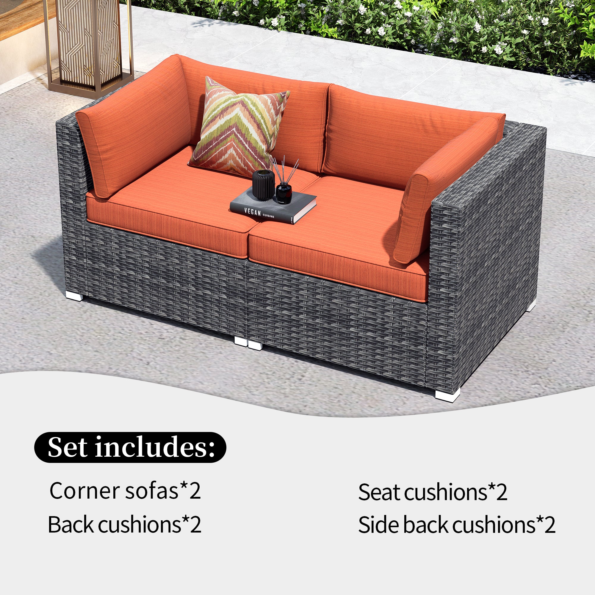 Ovios Patio Furniture Set 2-Piece Corner Sofa with Cushions and 4.13'' Wide Armrest