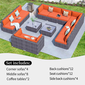Ovios Patio Furniture Set 14-Piece with All Weather Rattan Wicker Sofa and Tempered Glass Table