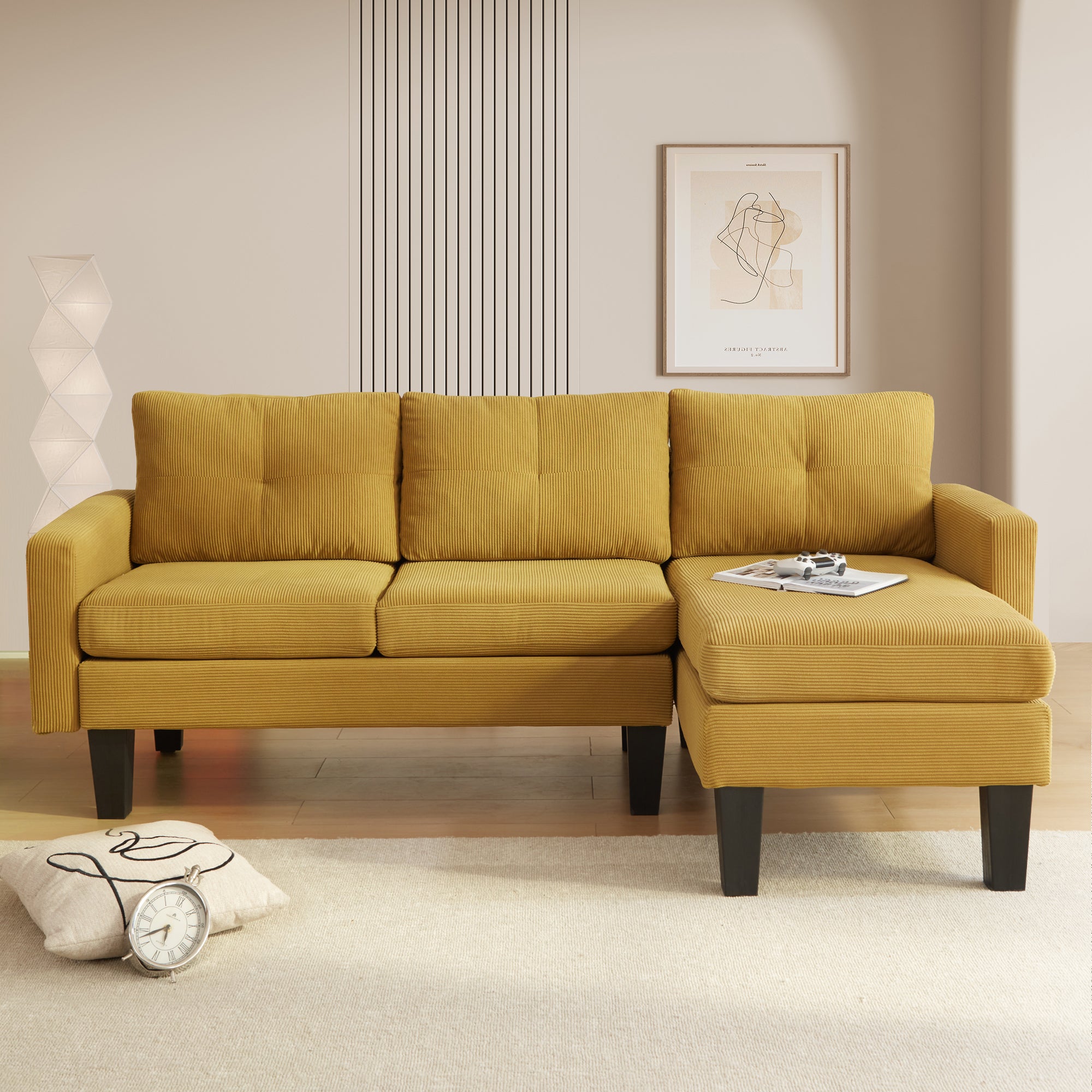 OVIOS 80" Small L Shape Sofa, Corduroy Fabric