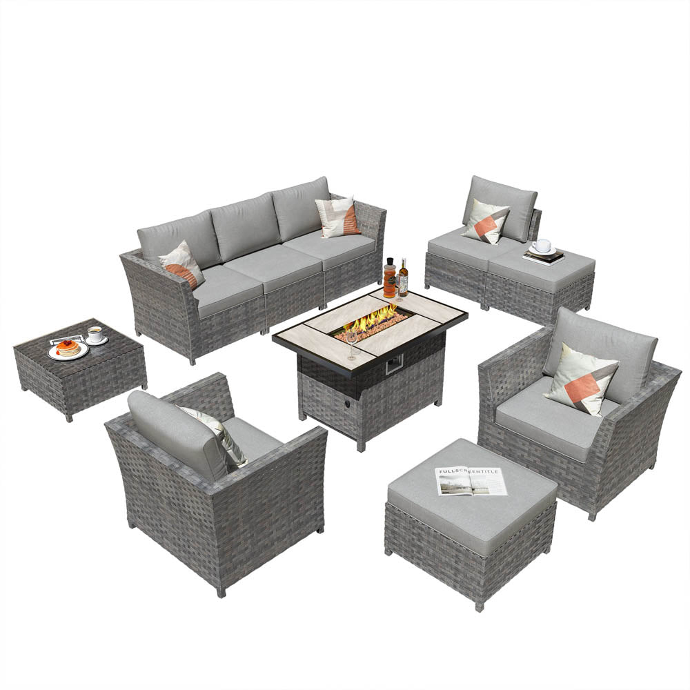 Ovios New Rimaru Series Patio Furniture Set 9-Piece with 42"Rectangle Fire Pit Table Minimal Assembly