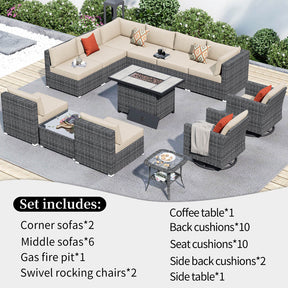 Ovios Patio Furniture 13-Piece Outdoor Sectional Sofa Set with Wicker Rocking Swivel Chairs and 42.12'' Fire Pit