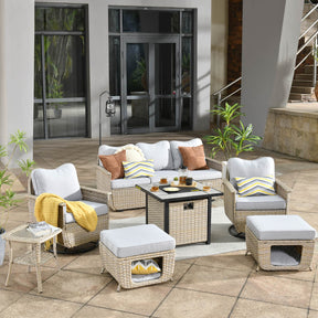 Ovios Patio Pet Conversation Set Beige Wicker 7 Pieces with 30'' Fire Pit and Swivel Rocking Chairs