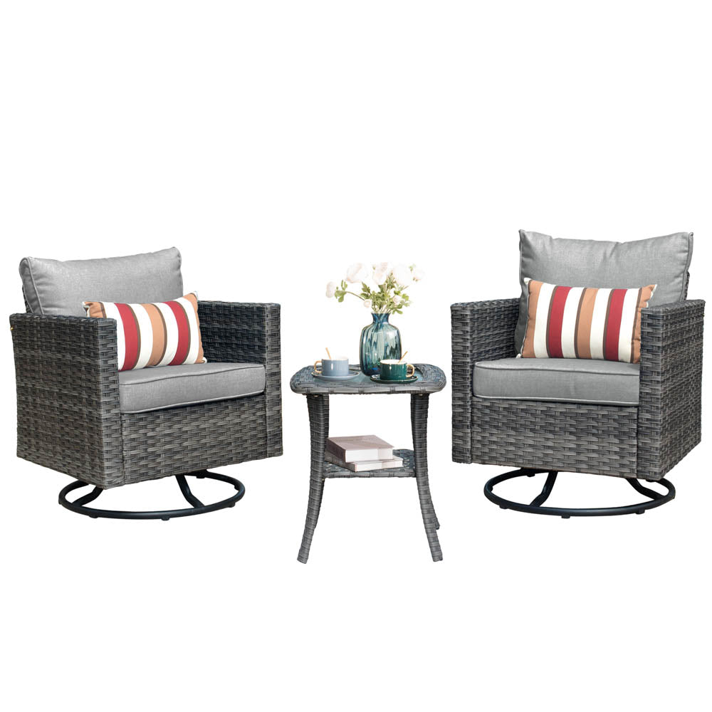 Ovios Patio Furniture 3-Piece Set with Swivel Chairs and Table Square Shape Armrest