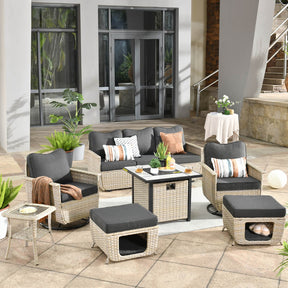 Ovios Patio Pet Conversation Set Beige Wicker 7 Pieces with 30'' Fire Pit and Swivel Rocking Chairs