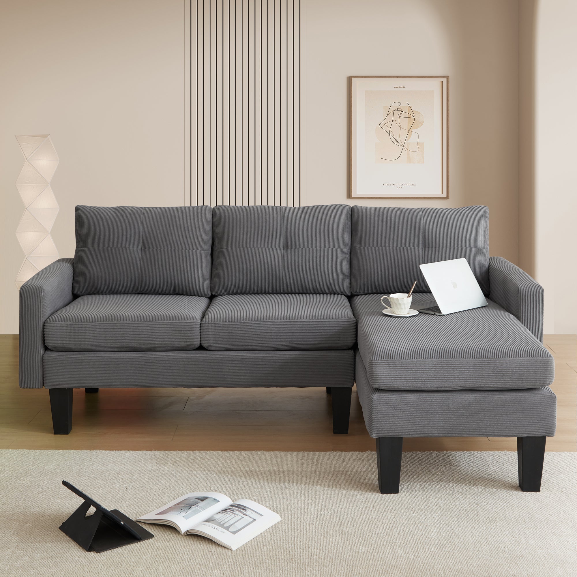 OVIOS 80" Small L Shape Sofa, Corduroy Fabric