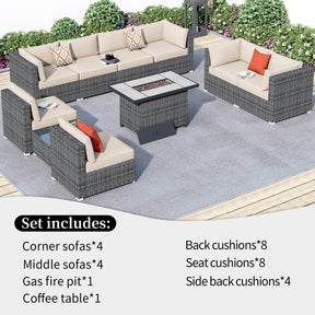 Ovios Patio Furniture Set 10-Piece with All Weather Rattan Wicker Sofa and 42.12'' Fire Pit