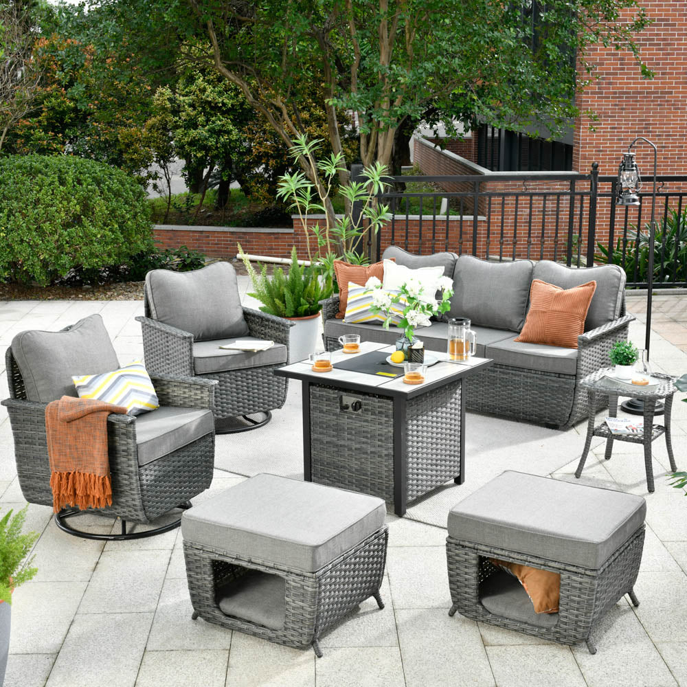 Ovios Patio Pet Conversation Set Grey Wicker 7 Pieces with 30'' Fire Pit and Swivel Rocking Chairs