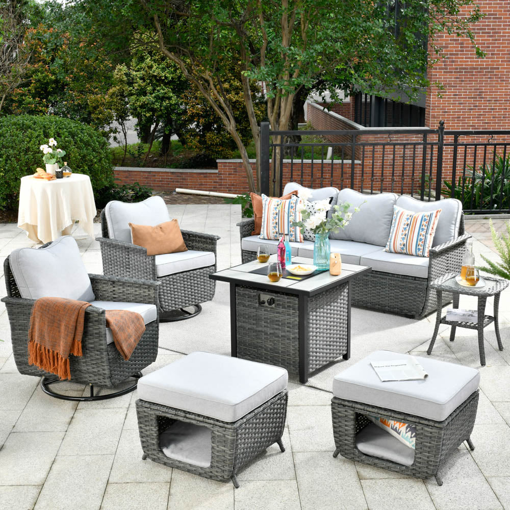 Ovios Patio Pet Conversation Set Grey Wicker 7 Pieces with 30'' Fire Pit and Swivel Rocking Chairs