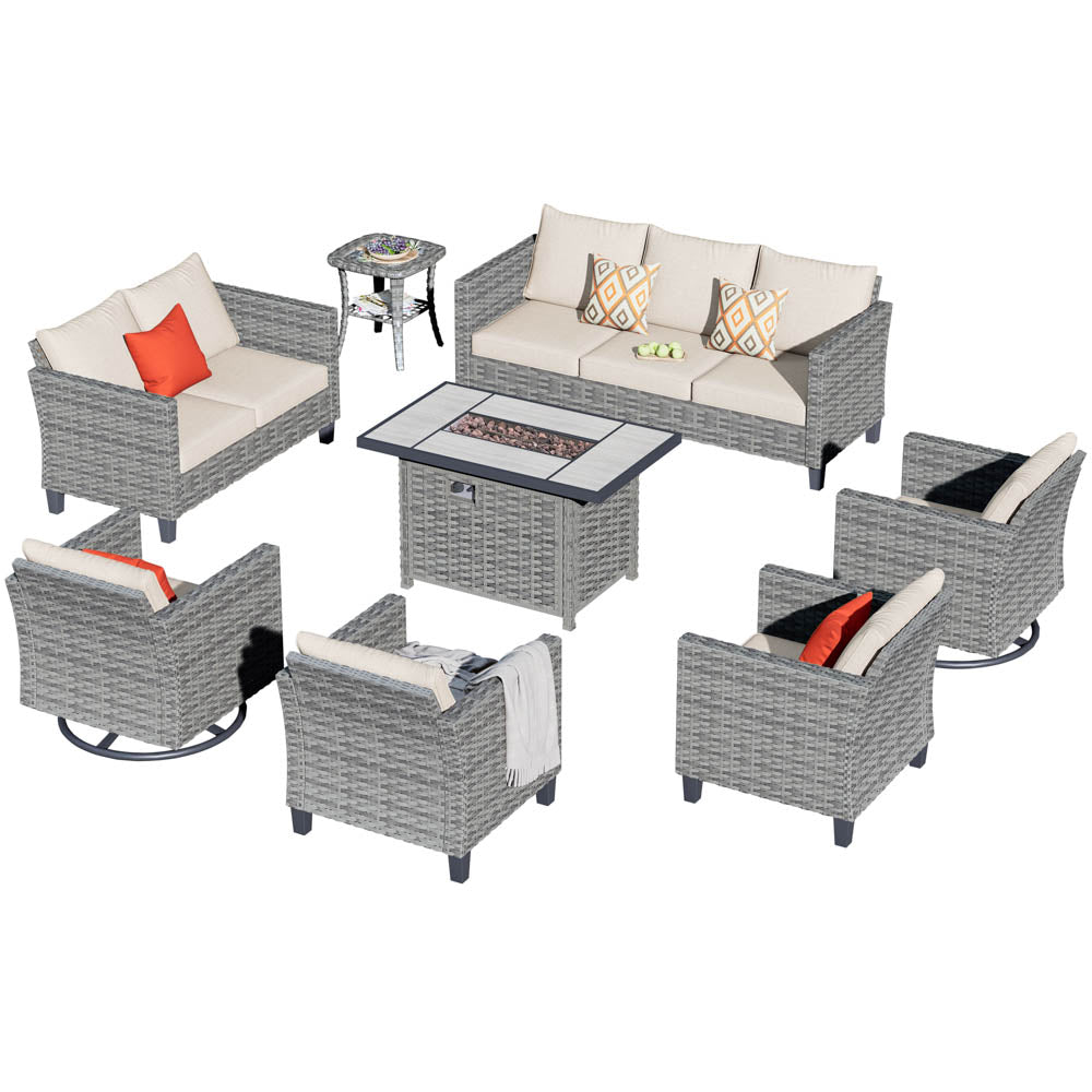 Ovios Patio Vultros 8-Piece Set With Swivel Chair and Rectangle 42'' Propane Fire Pit Table