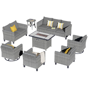 Ovios Patio Vultros 8-Piece Set With Swivel Chair and Rectangle 42'' Propane Fire Pit Table