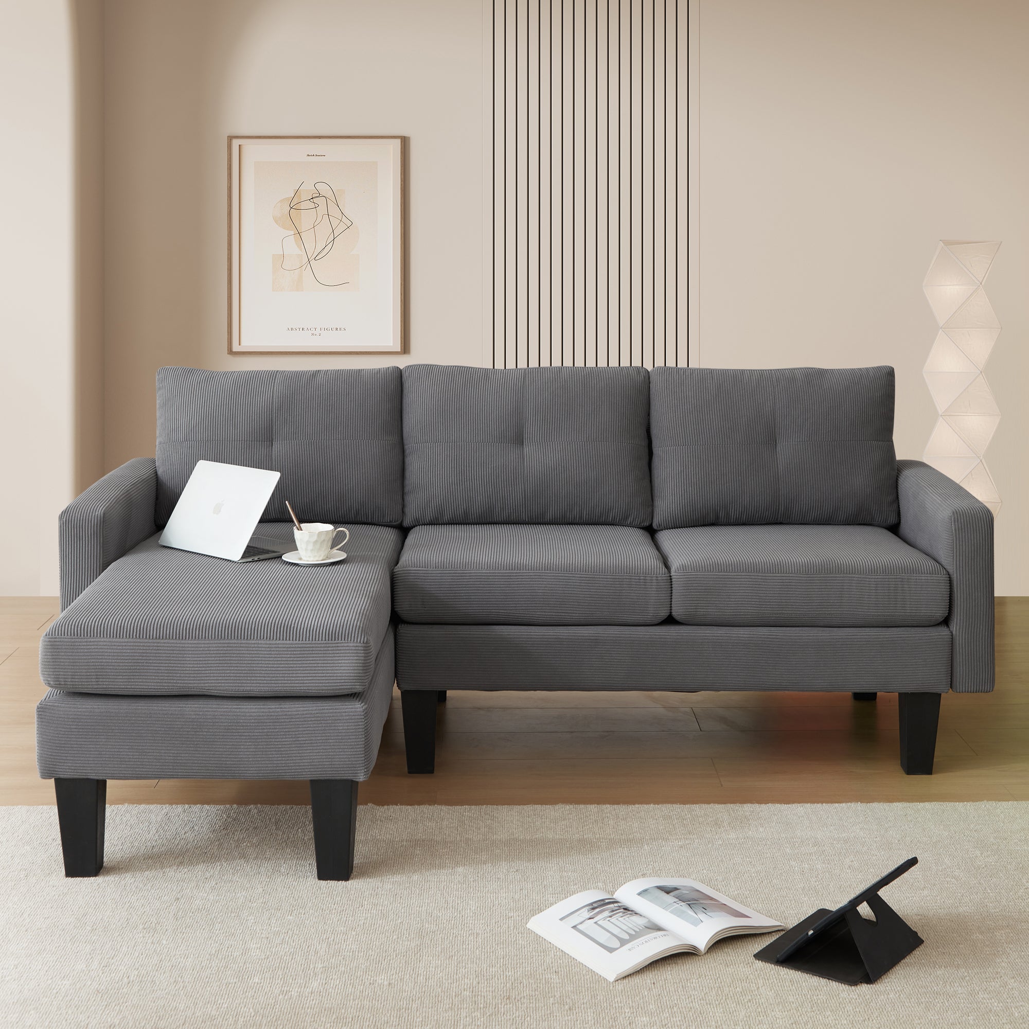 OVIOS 80" Small L Shape Sofa, Corduroy Fabric