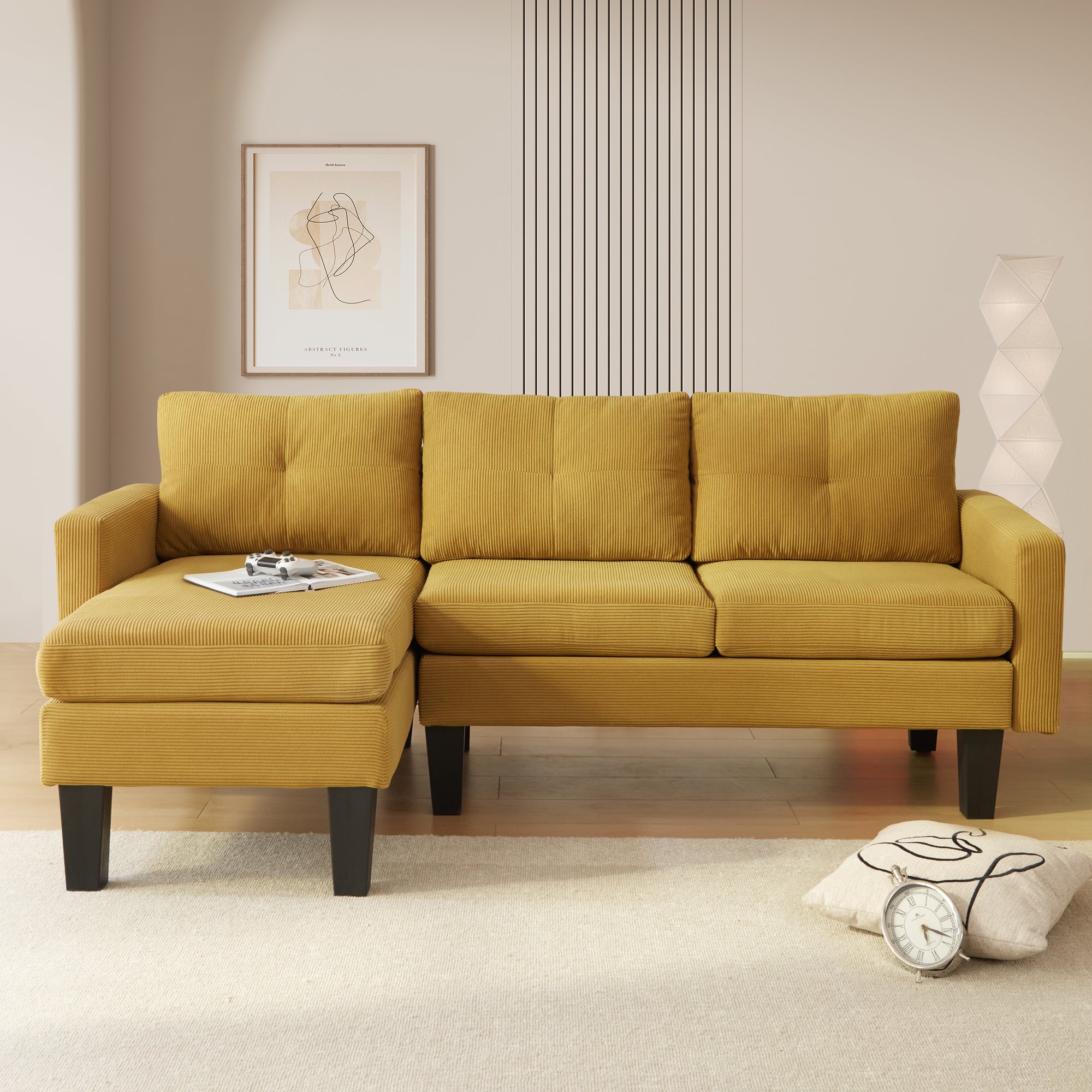 OVIOS 80" Small L Shape Sofa, Corduroy Fabric