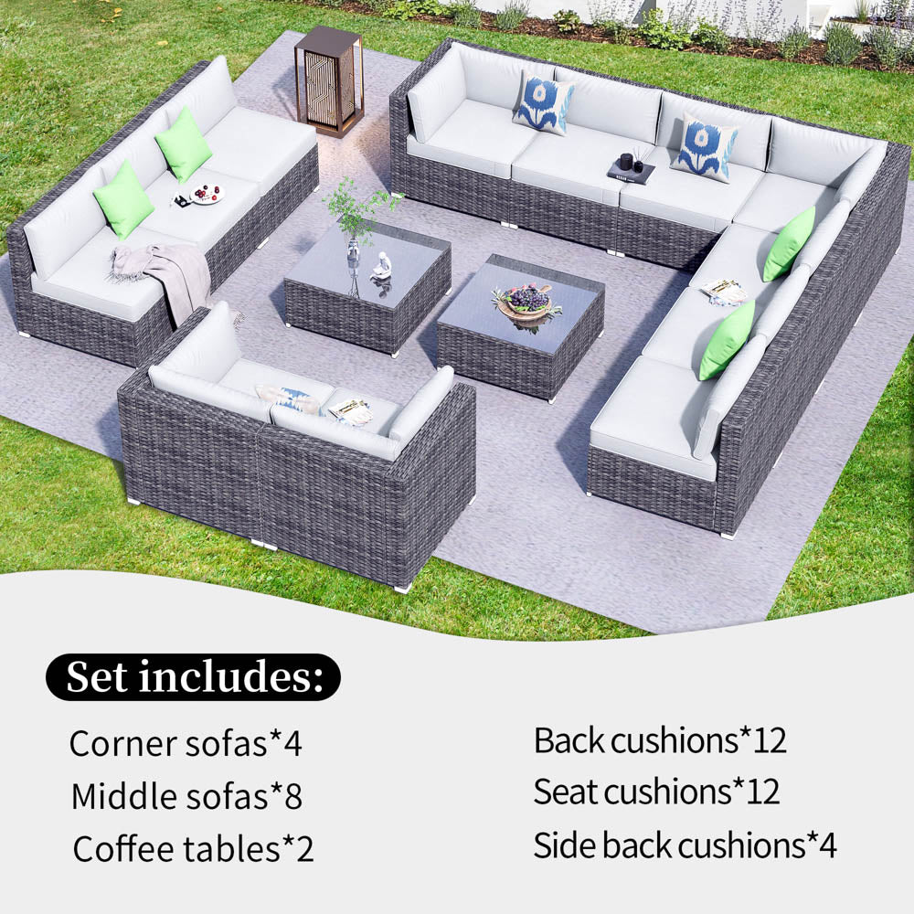 Ovios Patio Furniture Set 14-Piece with All Weather Rattan Wicker Sofa and Tempered Glass Table
